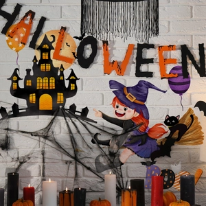 Halloween wall stickers set with cartoon witch pumpkin castle and bats on white brick wall