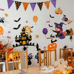 Halloween wall stickers featuring a cartoon witch, castle, pumpkins and bats decoration