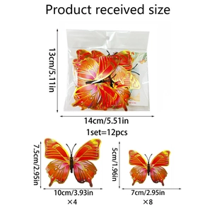 Detailed size chart for 3D butterfly wall stickers showing dimensions in cm and inches