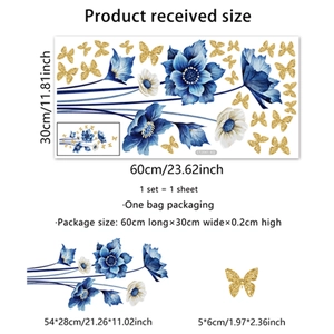 Vinilos decorativos de flores azules y mariposas con dimensiones para decoración hogar