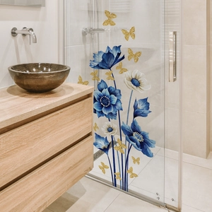 Pegatina adhesiva para cristal de baño con motivos florales azules y mariposas doradas