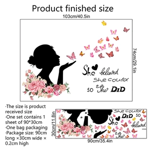 Butterfly and flower wall sticker with girl silhouette and inspirational quote for home