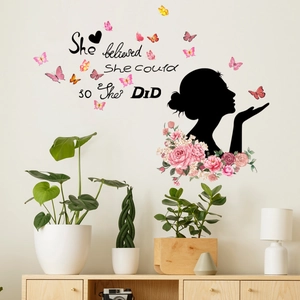 Inspirational girl wall sticker with butterflies flowers and She believed phrase