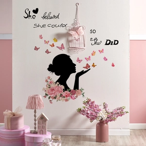 She Believed She Could So She Did Inspirational Quote Wall Sticker PVC Girl Silhouette Butterfly Flower Decor For Bedroom