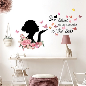 Floral butterfly wall decal with female silhouette and motivational quote for home decor