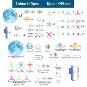 Luminous astronaut and moon wall stickers set with size guide for 449 piece nursery kit