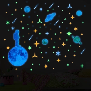 Glow-in-the-dark astronaut and planet wall stickers in a dark bedroom setting
