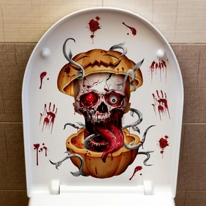Détail d'autocollant Halloween empreinte de main de sang et squelette sur un abattant