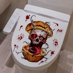 Autocollant de Toilette Halloween Horreur Citrouille Crâne Empreinte de Main PVC Imperméable Décalcomanie pour Salle de Bain Décor