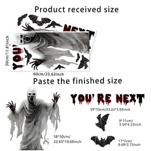 Ghost and bat Halloween wall stickers set with size guide and layout dimensions
