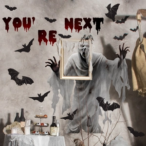 Halloween wall sticker set with ghost, black bats, and bloody You Are Next text