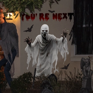 Detailed Halloween wall stickers featuring ghost, bats, and scary YOU'RE NEXT text on home wall