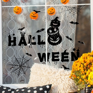 Halloween window stickers set with black lettering, pumpkins, bats and spider web decorations