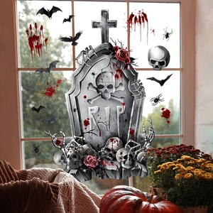 Halloween Tombstone Skull Window Clings Spooky Blood Handprint Bat Static PVC Decal Halloween Party Window Wall Decoration
