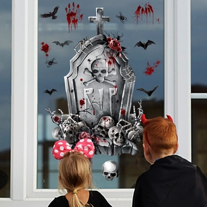 Halloween window stickers set with spooky RIP tombstone, skull, bat and bloody handprints