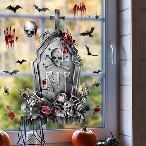 Halloween window clings set featuring spooky tombstone, skull, blood handprints and bats