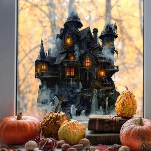 Modèle de château gothique d'Halloween avec fenêtres lumineuses et décor d'automne