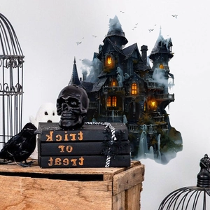 Sticker mural château hanté avec fantômes et chauves-souris pour décor Halloween