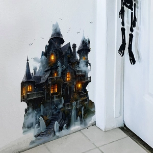 Sticker mural 3D Halloween avec château hanté détaillé et fenêtres orange lumineuses