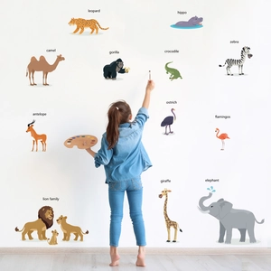 Pegatinas de pared de animales de dibujos animados para niños con motivos de león y jirafa