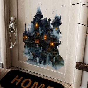 Sticker de porte château hanté d'Halloween avec design gothique double face