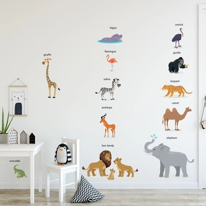 Vinilos infantiles de animales con palabras en inglés para decoración y aprendizaje temprano