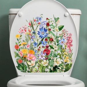Autocollant de siège de toilette à fleurs aquarelles avec fleurs sauvages et feuilles