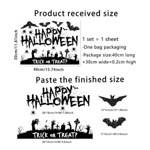 Halloween window stickers with Happy Halloween text, bats, and ghost hand 40x30cm size chart