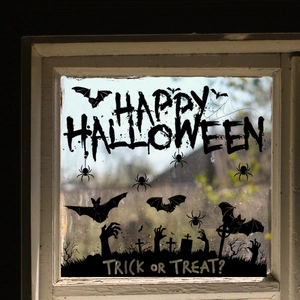 Halloween window decals featuring black bat silhouettes, zombie hands and spooky slogans