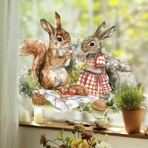 Watercolor squirrel picnic glass window stickers with realistic double-sided visual design