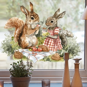 Watercolor squirrel and rabbit picnic static window sticker for home glass decoration