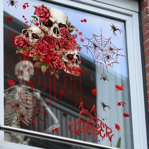 Halloween window decals featuring red roses, skulls, spiders and 31 October gothic text