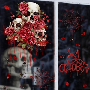 Halloween static window clings featuring skull rose designs with spooky bloody effects
