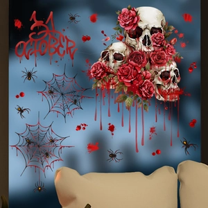 Halloween window stickers featuring rose-adorned skulls, red cobwebs, and spiders
