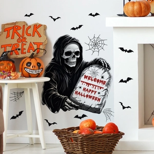 Halloween wall sticker set featuring Grim Reaper bats and Welcome Happy Halloween text