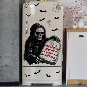 Halloween Grim Reaper wall decals with bats and Welcome sign on a kitchen fridge