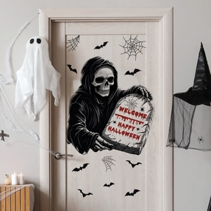 Halloween reaper and bat wall decals set on wooden door with spooky decorations