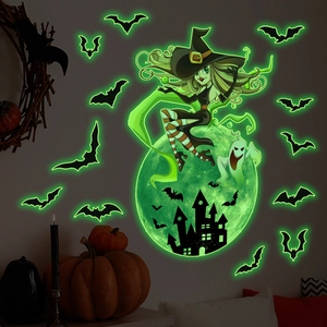 Αυτοκόλλητα τοίχου Halloween με μάγισσα και φεγγάρι που λάμπουν σε σκοτεινό δωμάτιο