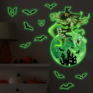Φωσφορίζοντα αυτοκόλλητα τοίχου Halloween με σιλουέτα μάγισσας σε φωτεινό φεγγάρι