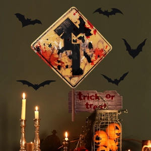 Halloween Trick or Treat road sign wall sticker with bloody bats and spiders decor