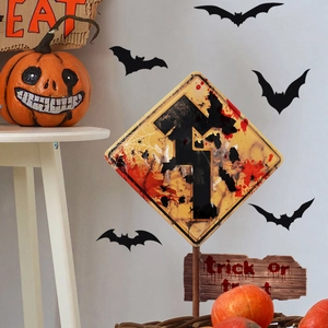 Halloween wall sticker set with black bats, bloody warning signs and Trick or Treat decals