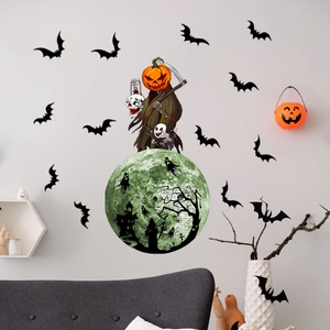 Φωσφοριζέ αυτοκόλλητα τοίχου Halloween με πράσινο φεγγάρι και κολοκύθα θεριστή