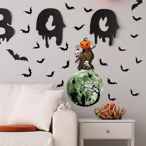 Φωσφοριζέ αυτοκόλλητα τοίχου Halloween με μαύρες νυχτερίδες και πράσινο φεγγάρι
