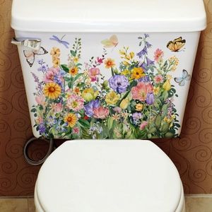 Detail of floral toilet tank decals with colorful sunflowers, butterflies and tulips
