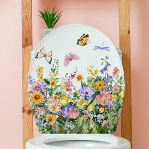 Floral watercolor toilet lid decal featuring colorful tulips sunflowers and butterflies