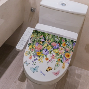Floral self-adhesive toilet lid sticker with colorful flowers and butterflies decor