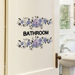 Self-adhesive PVC bathroom door sticker with purple floral vines and Bathroom text