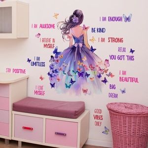 Détail du sticker mural silhouette de fille avec papillons colorés et citations inspirantes