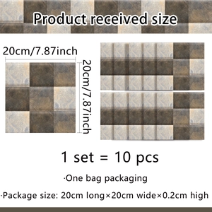 Detail showing 20x20cm dimensions and 10-piece set specifications for gray stone tile stickers
