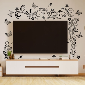 Sticker Mural Élégant Papillon Vigne Florale Noire PVC Autocollant Décalcomanie pour Salon Chambre TV Fond Décoration Maison